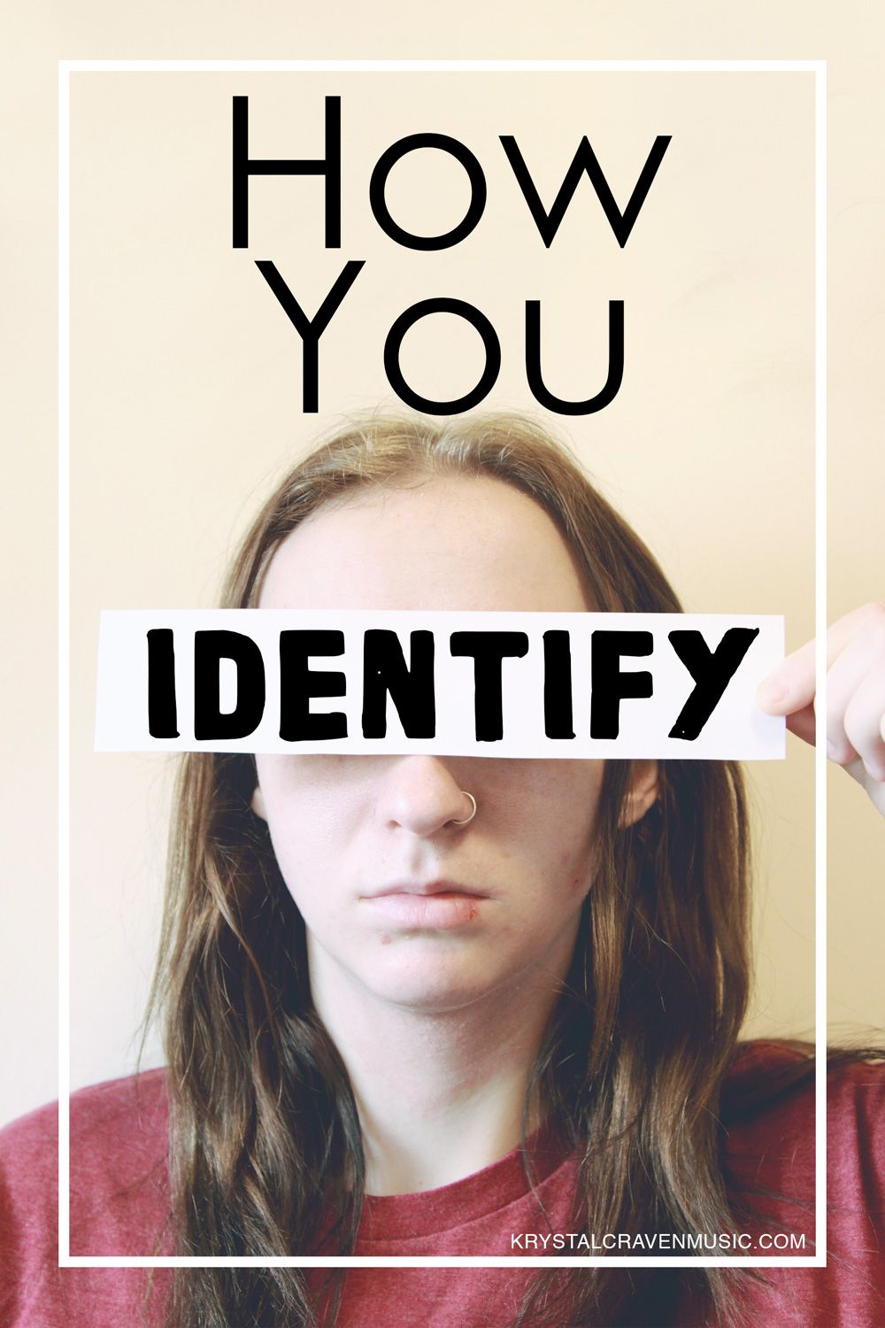 The devotional title text overlaying a person with a red shirt and long hair, holding a white strip of paper over their eyes. The words "How You" are to the left of the person and the word "Identify" is over the white strip of paper.