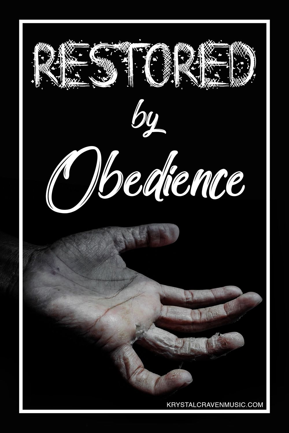 The devotional title text overlaying a withered hand on a black background.
