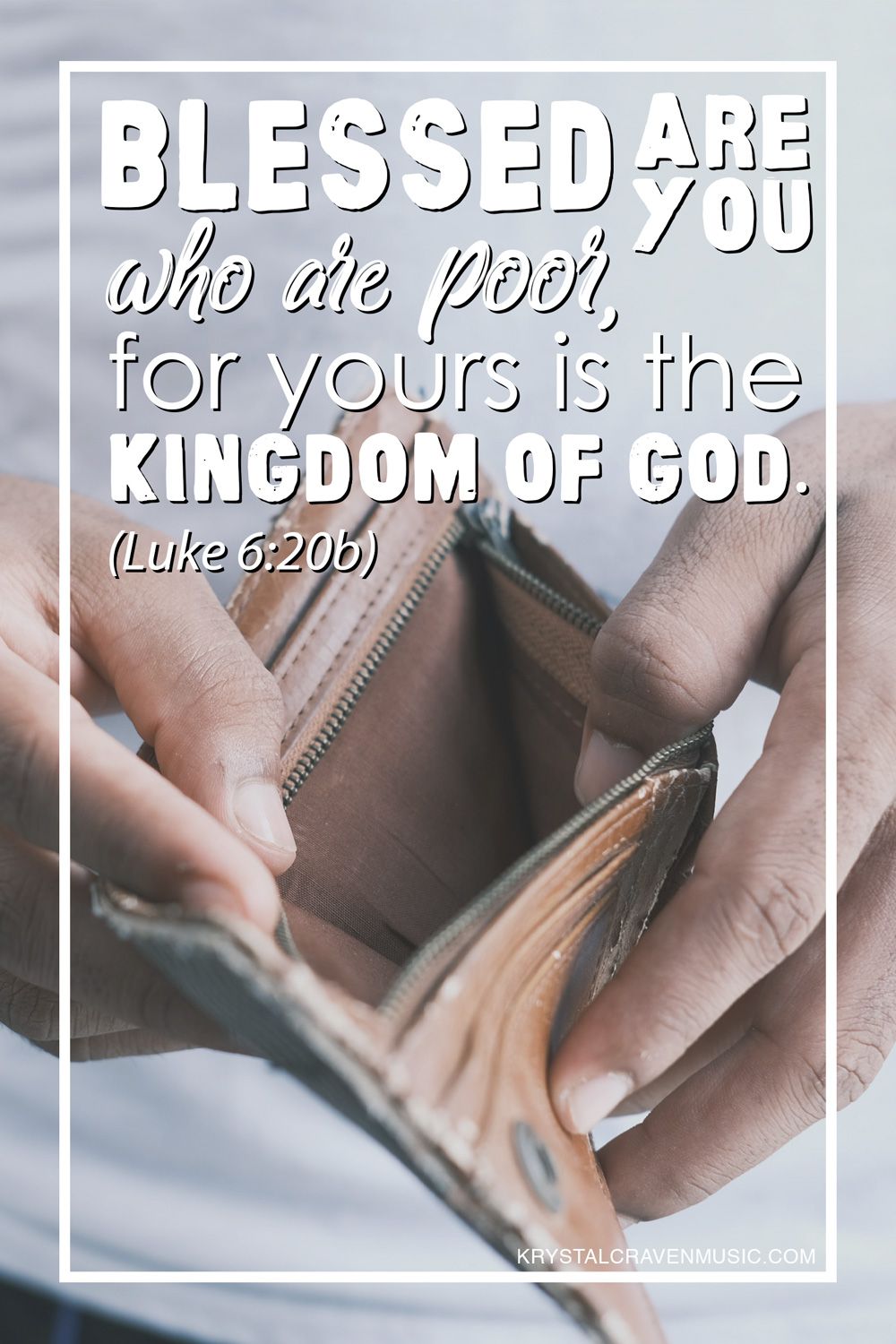 The devotional title text "Blessed are the Poor" overlaying the image of a person's hands holding open an empty wallet.