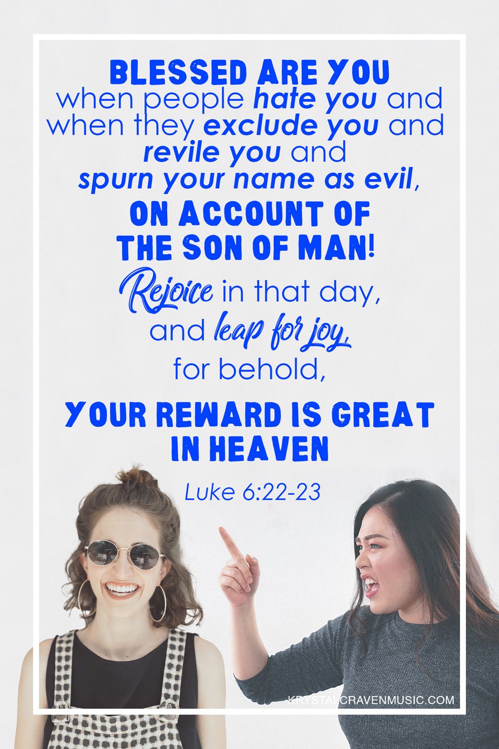 Devotional title text of "Blessed are the Hated" overlaying the image of a woman on the right yelling while pointing a finger at a woman on the left who is front facing and smiling.
