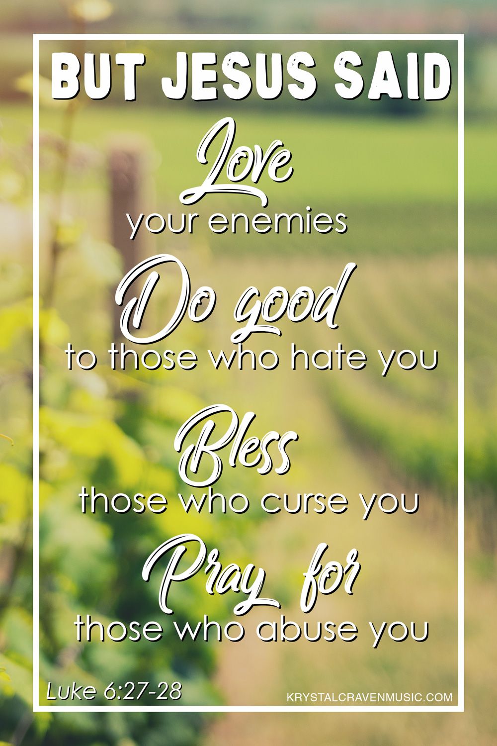 The text "But Jesus said love your enemies, do good to those who hate you, bless those who curse you, pray for those who abuse you. Luke 6:27-28. Overlaying a blurry image of a vineyard landscape during sunset.