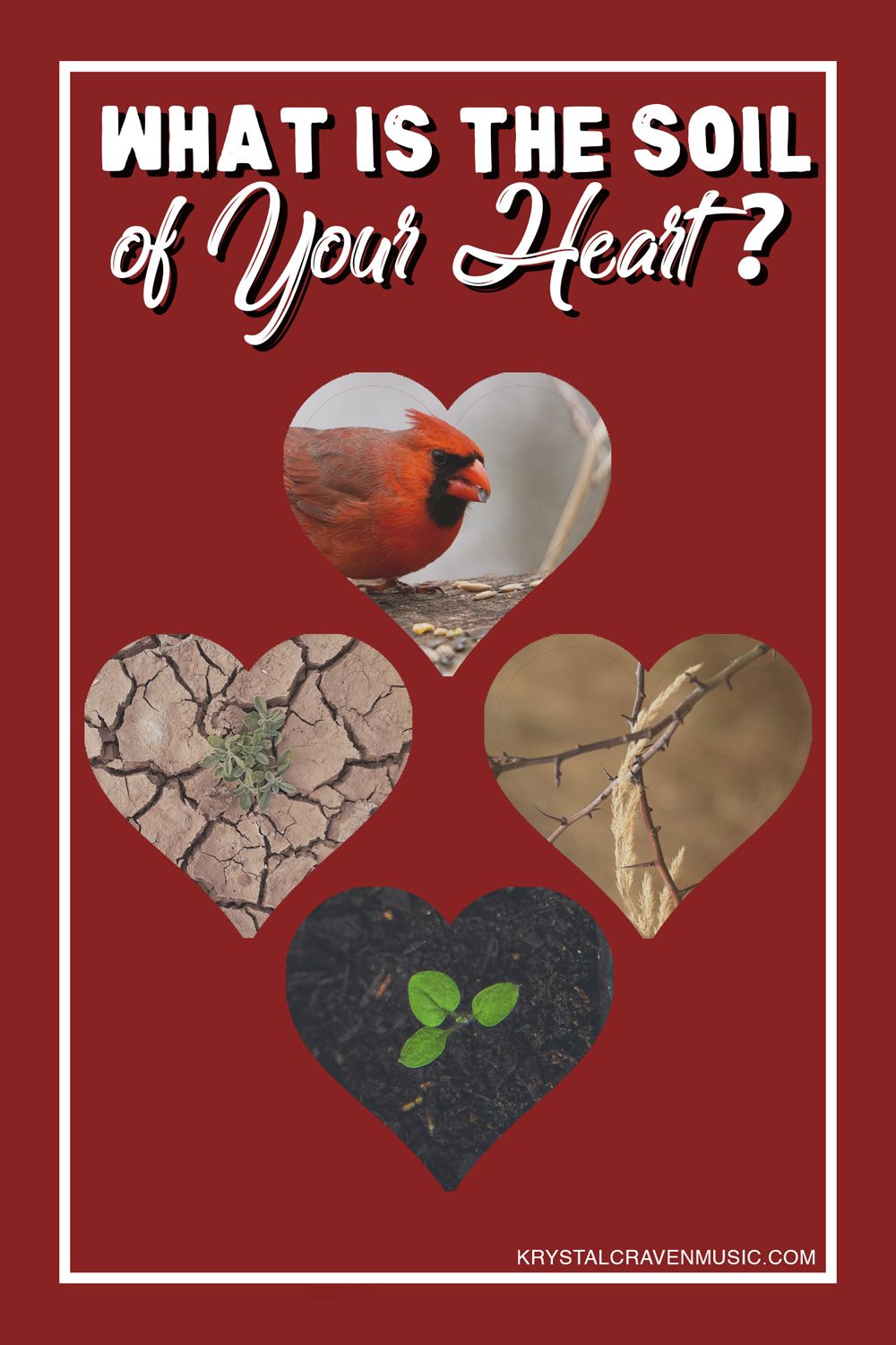 The text of "What is the soil of your heart" overlaying a brick red background with four hearts. In the first heart is a bird eating a seed. In the second heart is a rocky ground with a dying plant growing out of it. In the third heart is wheat growing through thorns. In the fourth heart is a dark, rich soil with a green seedling growing in it.