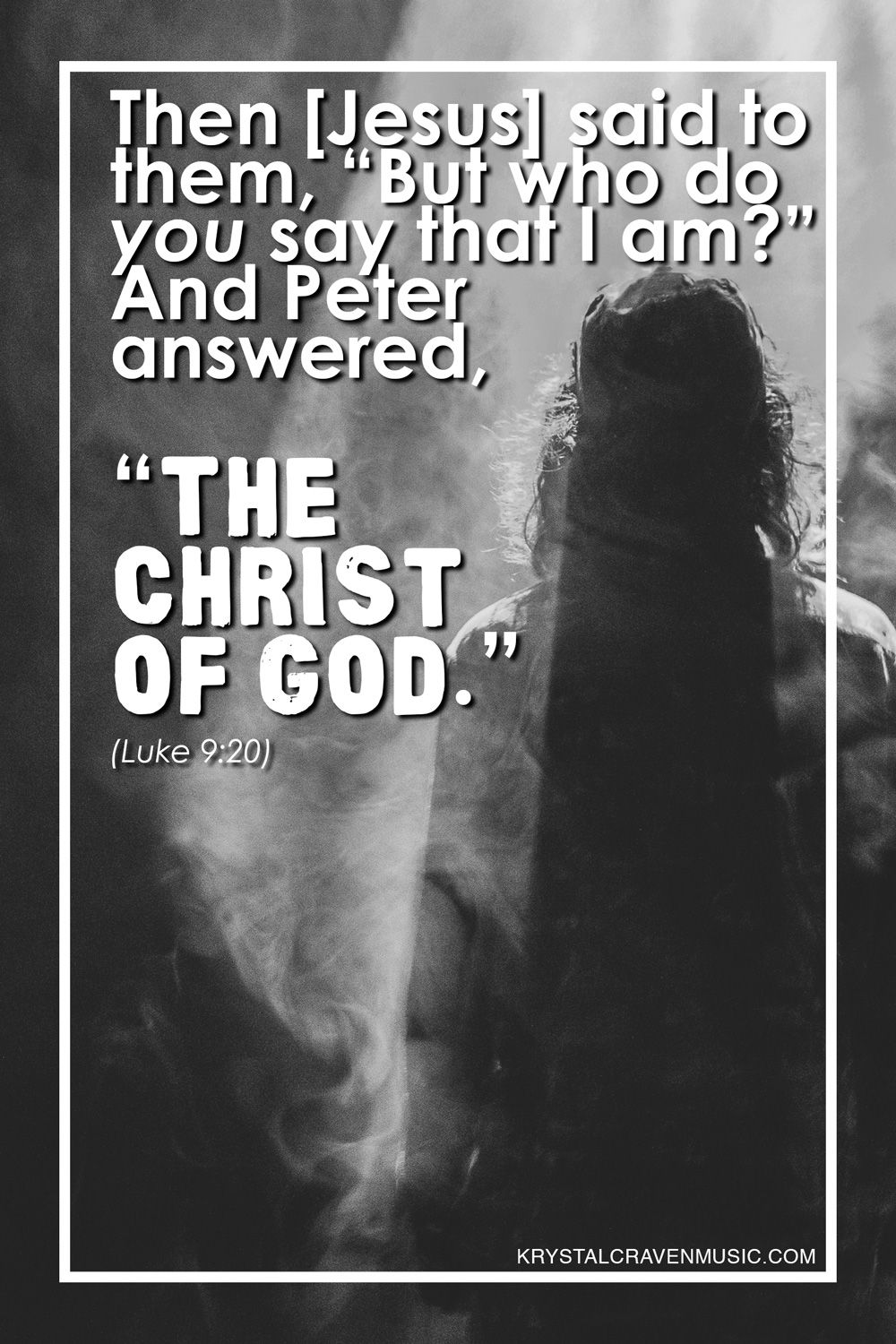 The text of Luke 9:20, "Then Jesus said to them, "But who do you say that I am?" and Peter answered, "The Christ of God." The text is overlaying the silhouette of a man from behind with a smoke effect all around him.