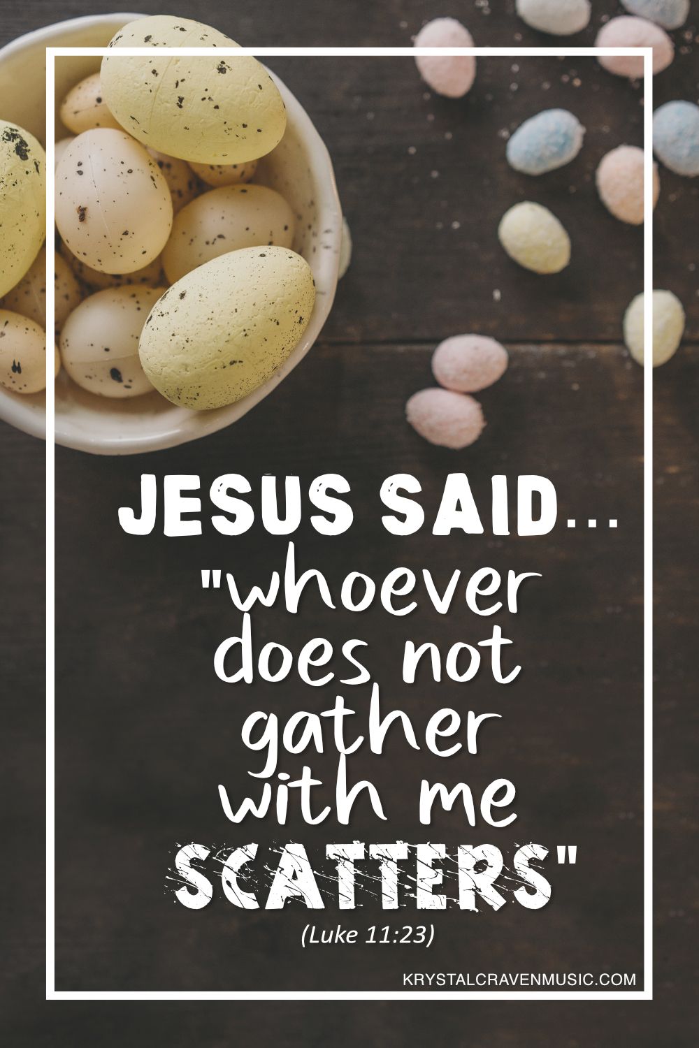 The text from Luke 11:23 "Jesus Said... 'whoever does not gather with me scatters'" overlaying eggs in a bowl on a wooden table with additional eggs scattered outside the bowl.