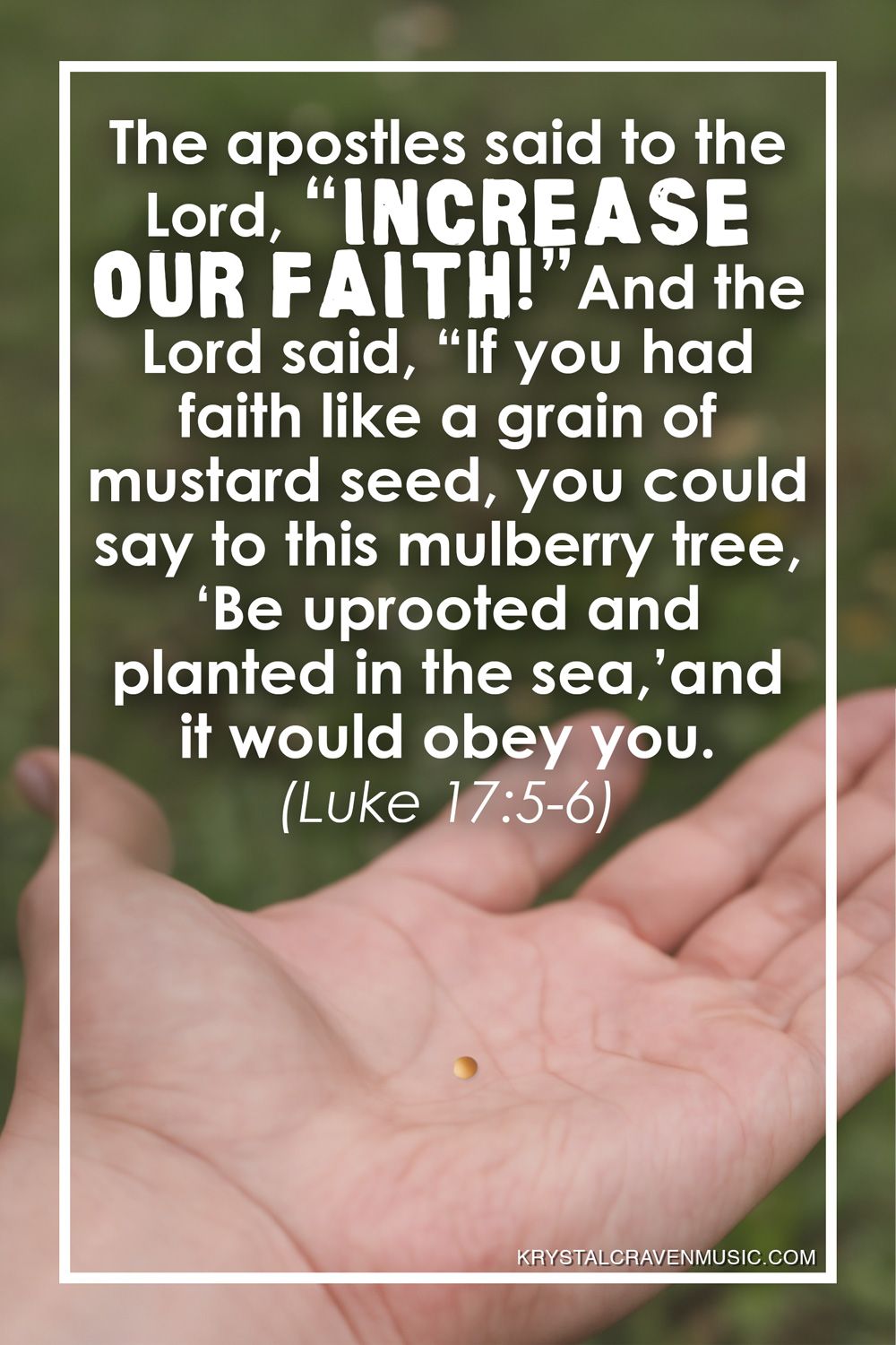 The text from Luke 17:5-6 that reads "The apostles said to the Lord, “Increase our faith!” And the Lord said, “If you had faith like a grain of mustard seed, you could say to this mulberry tree, ‘Be uprooted and planted in the sea,’ and it would obey you." over a hand held out with a mustard seed in the palm.