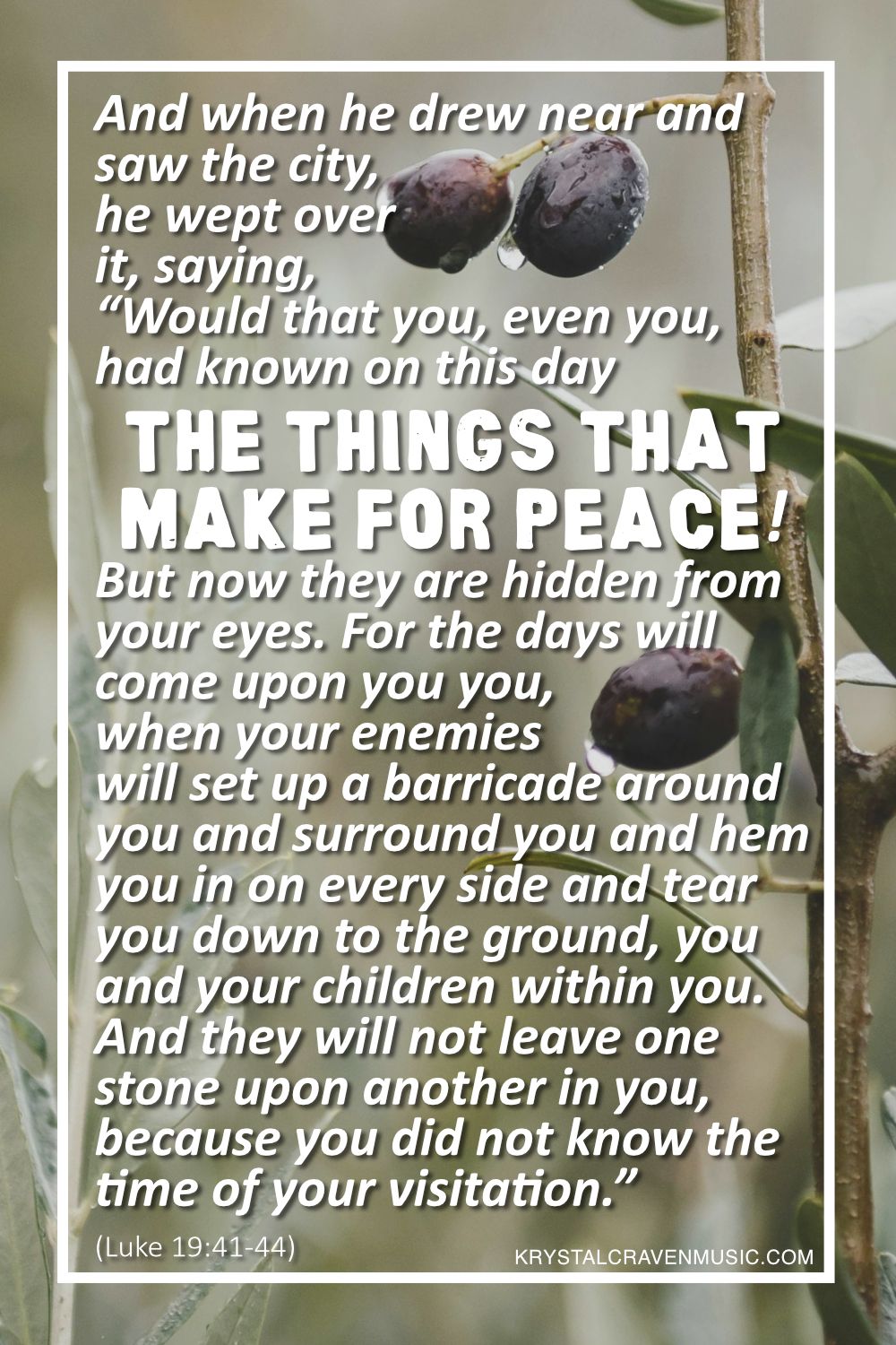 The text from Luke 19:41-44 "And when he drew near and saw the city, he wept over it, saying, “Would that you, even you, had known on this day the things that make for peace! But now they are hidden from your eyes. For the days will come upon you, when your enemies will set up a barricade around you and surround you and hem you in on every side and tear you down to the ground, you and your children within you. And they will not leave one stone upon another in you, because you did not know the time of your visitation." over an olive branch with olives on it.