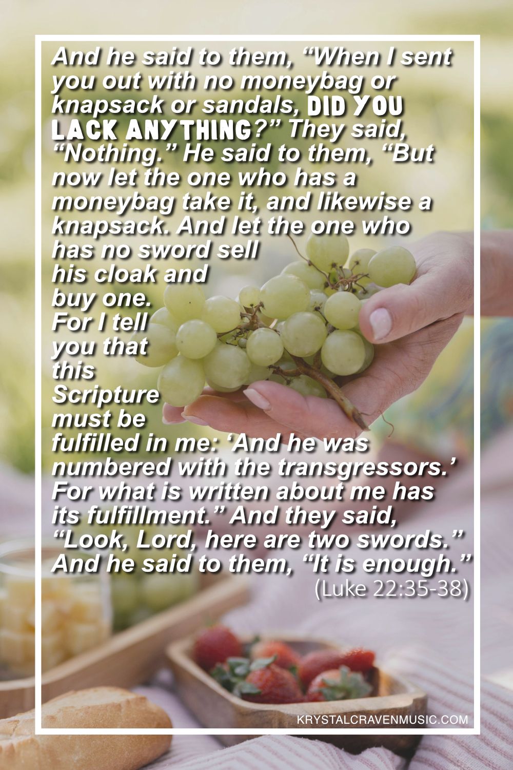 A hand holding a bunch of grapes outward with the words from Luke 22:35-38 "And he said to them, “When I sent you out with no moneybag or knapsack or sandals, did you lack anything?” They said, “Nothing.” He said to them, “But now let the one who has a moneybag take it, and likewise a knapsack. And let the one who has no sword sell his cloak and buy one. For I tell you that this Scripture must be fulfilled in me: ‘And he was numbered with the transgressors.’ For what is written about me has its fulfillment.” And they said, “Look, Lord, here are two swords.” And he said to them, “It is enough.”" overlaying the image.