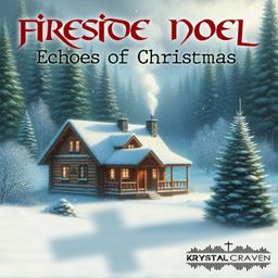 Cover art for the album Fireside Noel by artist Krystal Craven. The image a log cabin in a snowy forest. In front of the cabin is a large tree, the shadow of the tree is that of a cross. The words 'Fireside Noel' are written at the top of the image in red in a Celtic inspired font with the words 'Echoes of Christmas' written below in black.