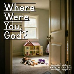 The words 'Where Were You, God?' are written in an elementary school font over a bedroom with a dollhouse, a pair of purple shoe on the floor, and a doll.