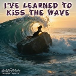 A woman laying on a boulder protruding from the water as a wave crashes over her with the words "I've Learned to Kiss the Wave" overlaying the image.