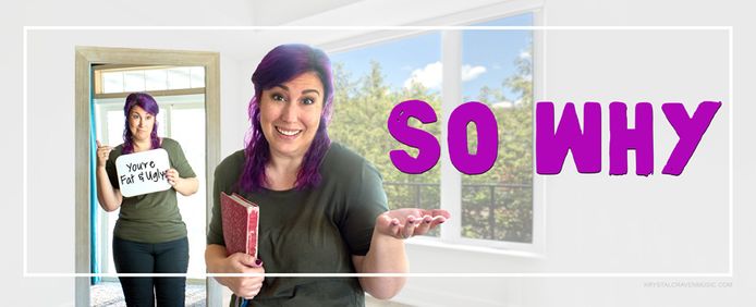 Krystal Craven wearing a purple shirt and glasses, smiling while laying her head on her arms which are folded on a wooden table. There is an hourglass to the right side of her with purple sand in it. The title "While I Wait Here" is printed above the hourglass.