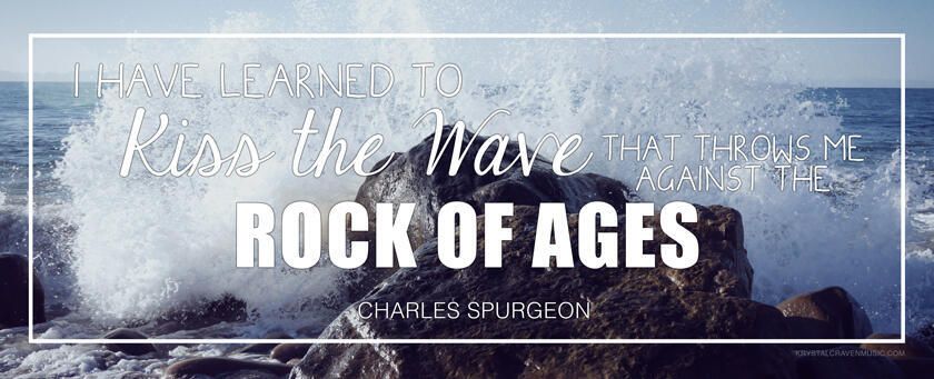 Quote by Charles Spurgeon over picture of waves crashing against rock
