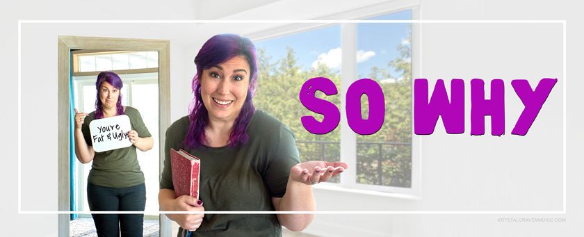 Krystal Craven wearing a purple shirt and glasses, smiling while laying her head on her arms which are folded on a wooden table. There is an hourglass to the right side of her with purple sand in it. The title "While I Wait Here" is printed above the hourglass.