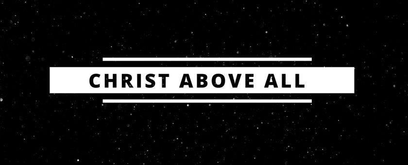 A black sky with small white stars of various intensity. Overlaying the sky are three white horizontal lines, the top and bottom are short while the middle is taller. In the middle of the tall line the words "Christ Above All" are cut out of the white, revealing stars behind it.