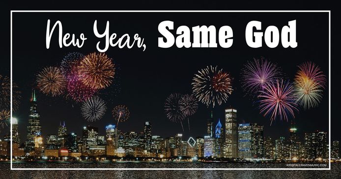 Devotional title text overlaying a night cityscape with fireworks above the buildings.