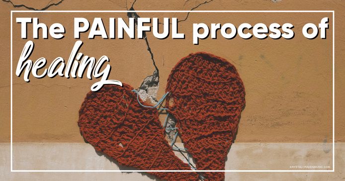 The devotional title text overlaying a clay wall with cracks in it. Over one of the cracks is a red crocheted heart that is broken in two parts and a gray stitching that is sewing the two parts of the broken heart back together.