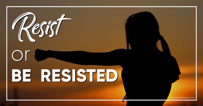 Devotional title text overlaying a silhouette of a woman with her arm punching sideways and a sunset background.
