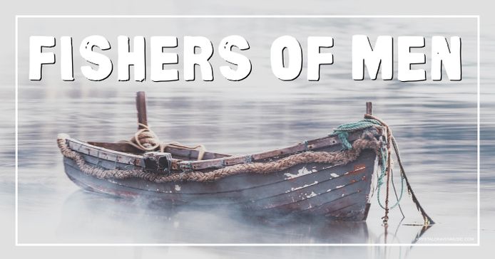 Devotional title text overlaying a foggy lake with a close-up view of a small wooden fishing boat.