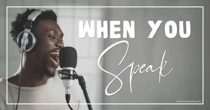 Devotional title text of "When You Speak" overlaying a man with headphones on speaking into a microphone enthusiastically.