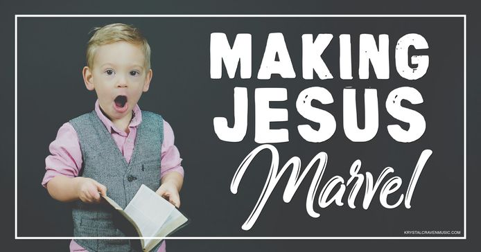 Devotional title text "Making Jesus Marvel" overlaying a little boy with a marveled look on his face holding an open bible in his hands with a black background.
