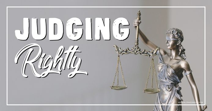 The devotional title text of "Judging Rightly" overlaying a statue of Lady Justice (blindfolded and holding scales).