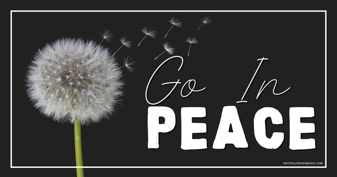 Devotional title text of "Go in Peace" overlaying a black background with a dandelion flower and several petals of the flower blowing in the wind.