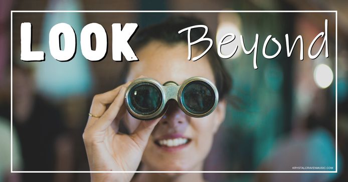 The devotional title text of "Look Beyond" overlaying the face of a woman with her hair in a ponytail, smiling while holding a pair of binoculars to her eyes with her right hand.