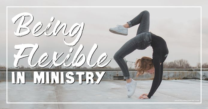 The devotional title text of "Being Flexible in Ministry" overlaying a woman in street clothes on a building rooftop in a contorted position.