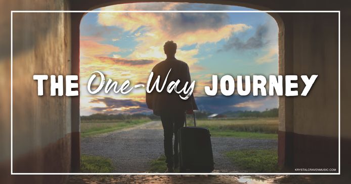 The title text of "The One-Way Journey" overlaying the silhouette of a person with a suitcase walking through an open archway. There is a beautiful sky view of the sun setting in the distance.
