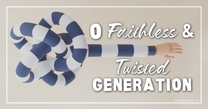 The title text "O faithless and twisted generation" wraps around a long cartoon arm that is reaching towards the right, while the upper part of the arm is tied in a complex knot.