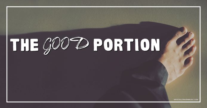 The title text "The Good Portion" overlaying a photo taken from the perspective of a person looking at their right foot.