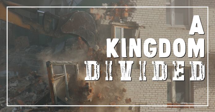 The title text "A Kingdom Divided" overlaying a partially collapsing brick building.
