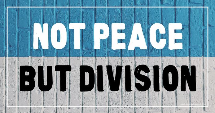 The title text "Not Peace But Division" over a brick wall painted blue on the top and white on the bottom.
