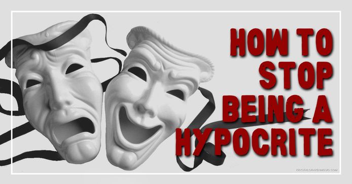 The title text "How to Stop Being a Hypocrite" over the Greek drama masks, one depicting comedy and the other tragedy.