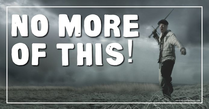 A man holding a sword in an aggressive posture with the words "No More of This!" overlaying the image.