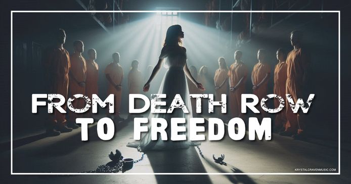 A woman dressed in a white gown with unclasped shackles and chains lying on the ground at her feet. She stands in a prison with cuffed inmates encircling her a light shines in from a barred window backlighting her. Overlaying the image are the words "From Death Row to Freedom".