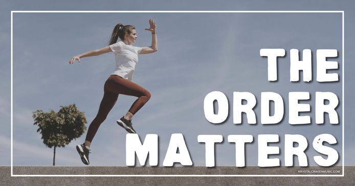 A woman is running and jumping with her foot pressing on the letter "M" of the word "Matters" in the stacked text "The Order Matters".