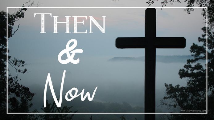 Devotional title text overlaying a cross with a foggy mountain background.