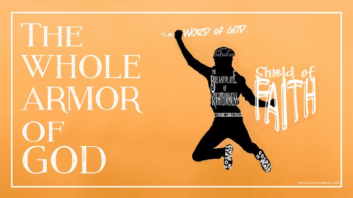 Devotional title text overlaying an orange background with a silhouetted man in a warrior pose. The Armor of God written as words in the shape of their description. For example, Shield of Faith words styled into the shape of a shield.