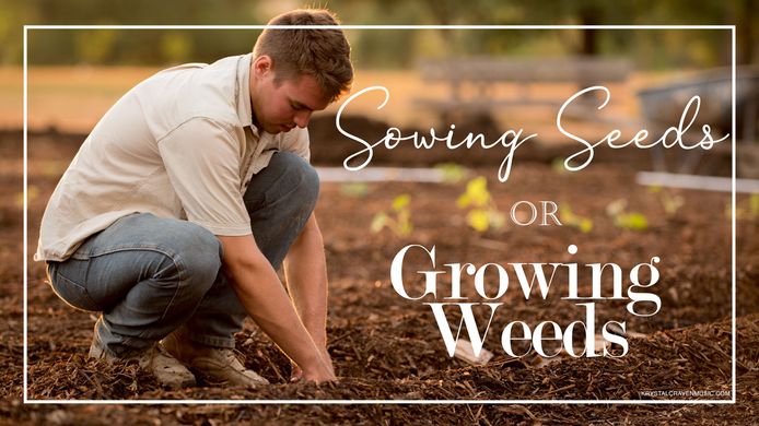 Devotional title text overlaying a man squatting over his garden, planting seeds.