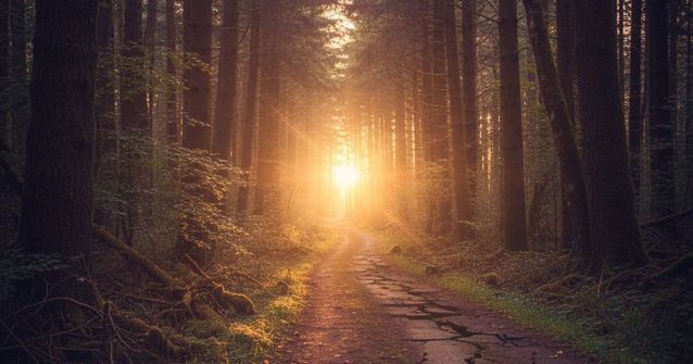 A narrow wooded path with sunlight shining at the end of it.