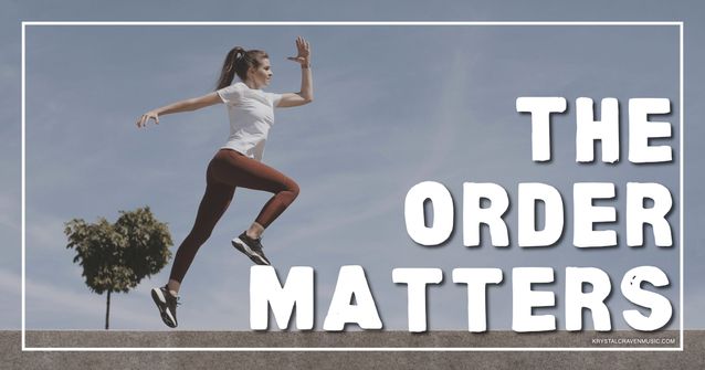 A woman is running and jumping with her foot pressing on the letter "M" of the word "Matters" in the stacked text "The Order Matters".