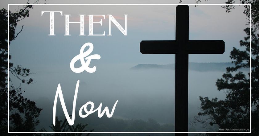 Devotional title text overlaying a cross with a foggy mountain background.