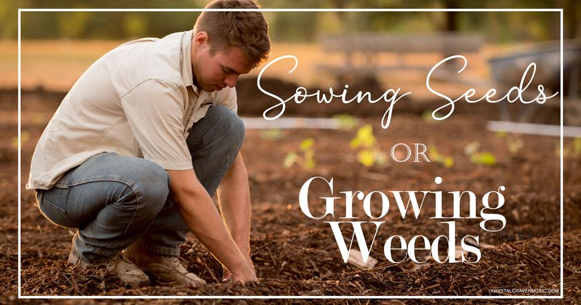 Devotional title text overlaying a man squatting over his garden, planting seeds.