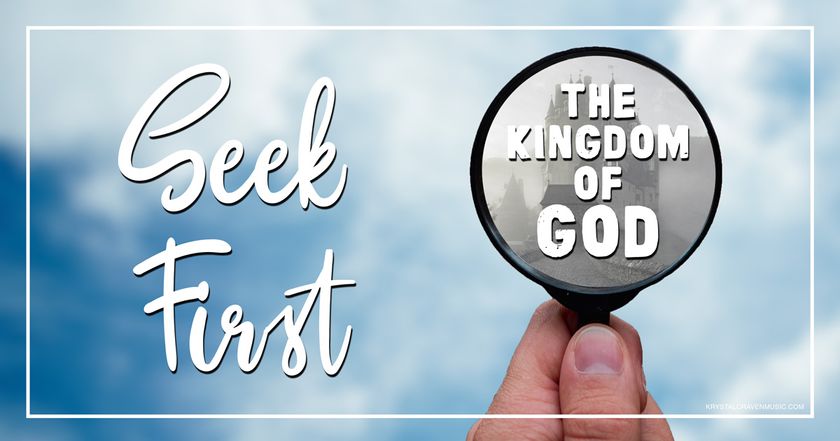Devotional title text overlaying a hand holding a magnifying glass with clouds in the background. In the magnifying glass is a faded image of a castle in the clouds and the portion of the title "The Kingdom of God" is overlaying the magnifying glass.