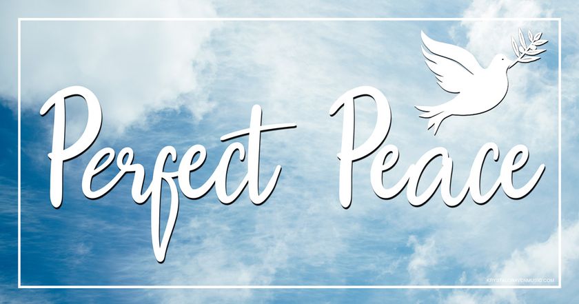 Devotional title text overlaying the sky with fluffy clouds and a clip art dove with an olive branch in its mouth on the upper side above the title text.