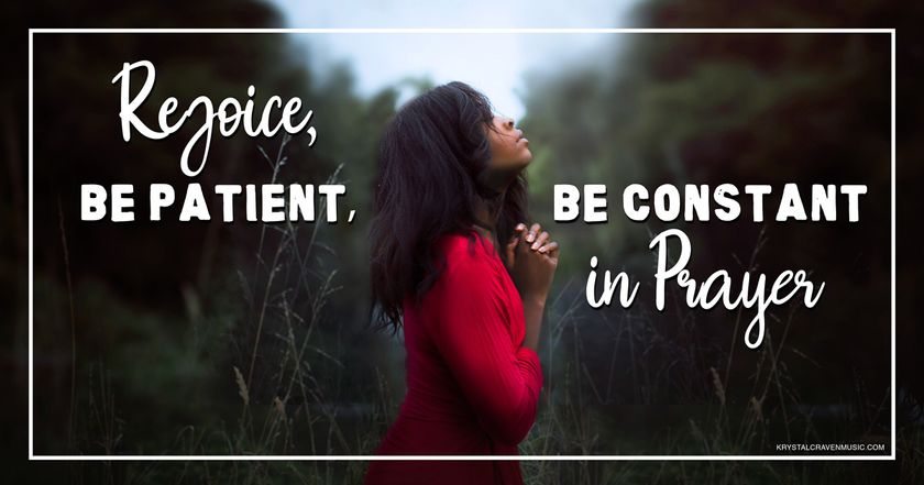 Devotional title text overlaying a woman with black hair in a red dress in nature with her head lifted, eyes closed, and hands folded in prayer.