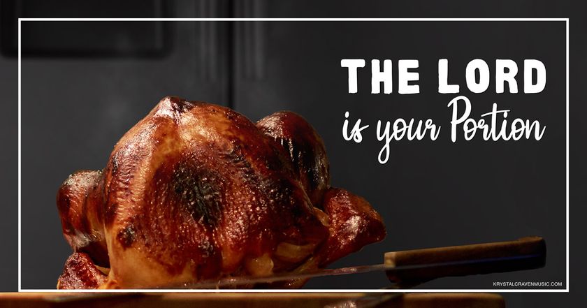 Devotional title text overlaying a baked, juicy, steaming turkey sitting on a cutting board with a stainless steel refrigerator behind it.