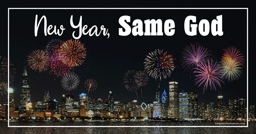 Devotional title text overlaying a night cityscape with fireworks above the buildings.