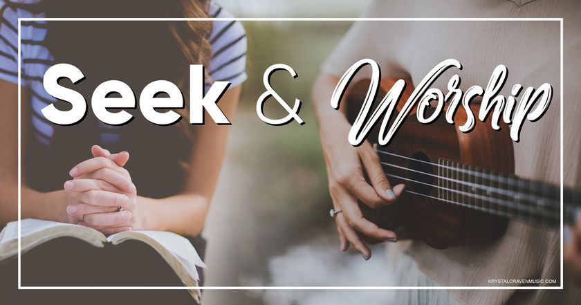 Devotional title text overlaying the torsos of two women sitting - one woman has hands folded in her lap over her bible in prayer, and the other woman is strumming a ukulele with her finger.